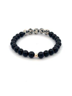 Natural Dalmatian Jasper Onyx 14K Solid Gold Bead Stretch Bracelet
